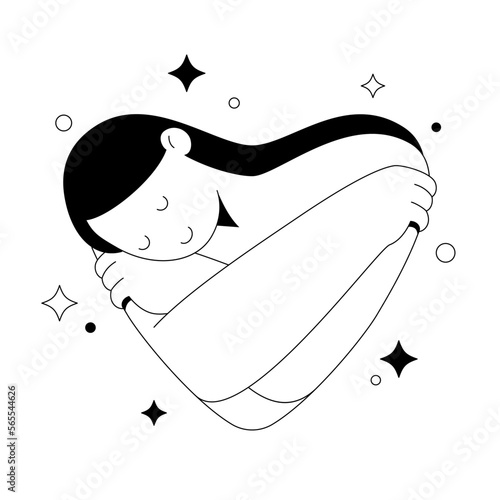Hug yourself. Self hug. Illustration of woman hugging herself in heart shape.