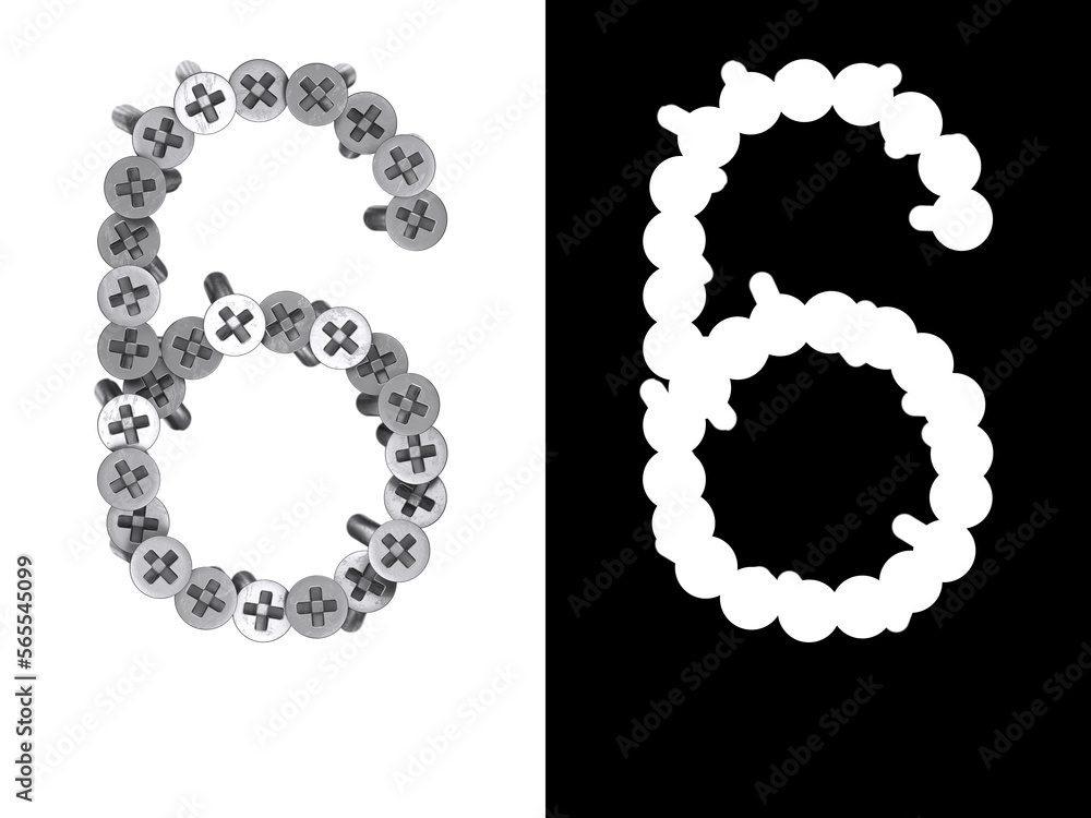 Number 6 made of screws screwed into a white surface with clipping mask, 3d rendering