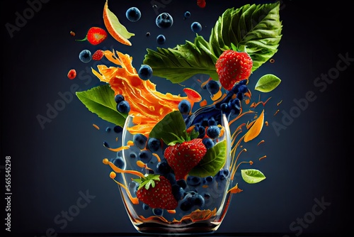 Abstract illustration of a fruit cocktail, slices falling into glass splashing liquid, delicious juice - generative ai