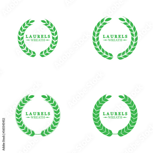 Set of green silhouette laurel foliate wreaths depicting an award, achievement, heraldry, nobility. Vector illustration.