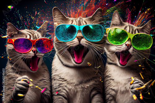 3 fr  hliche Katzen mit bunten funky Brillen in Partystimmung. Generative Ai.