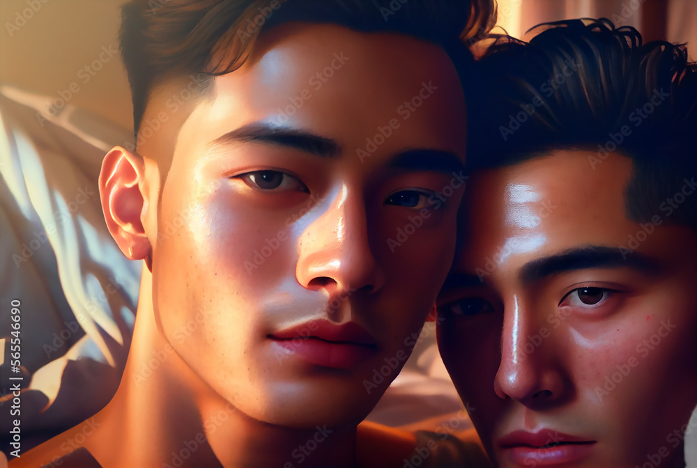 close-up Asian gay couple in bedroom, Beautiful morning light. Generative AI.