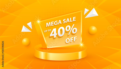 Mega sale promo 40 percent Off with cylinder podium stage display. Sale banner and discount background. Vector illustration