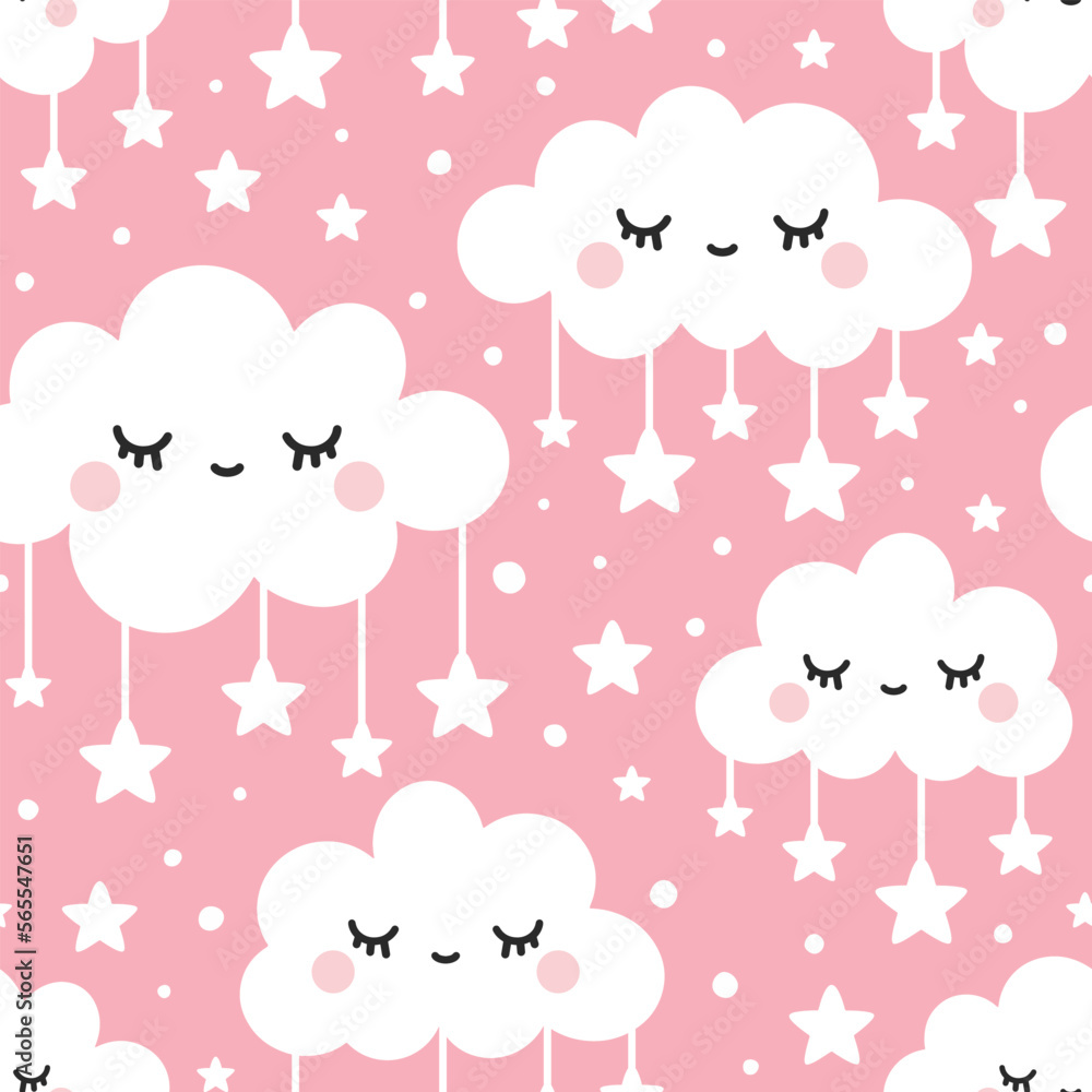 Girly clouds with eyes and lashes pink sky with stars, cute background seamless pattern for baby room decor, lamp shade and fabric, textile. Vector abstract repeat with sleepy clouds. Girly clouds with eyes and lashes pink sky with stars, cute background seamless pattern for baby room decor, lamp shade and fabric, textile. Vector abstract repeat with sleepy clouds.
