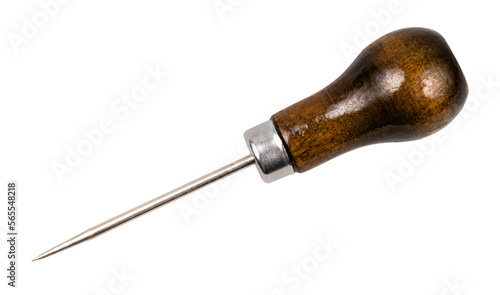 sharp steel sewing awl with polished wood handle cutout on white background photo