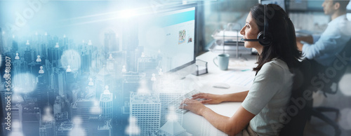 Tableau sur toile Contact us, overlay or consultant typing in a call center helping, consulting or networking online