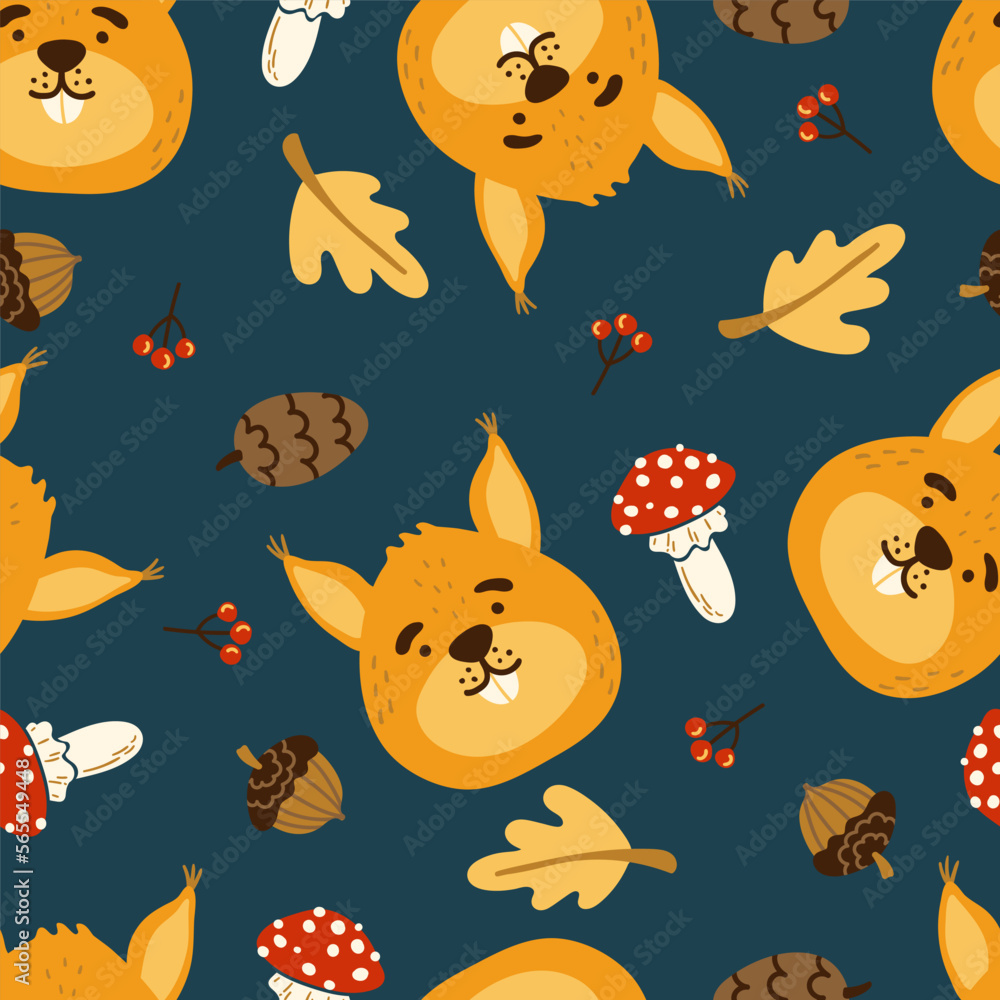 Cute squirrel seamless vector pattern. Fly agaric, cone, acorn, oak leaf, squirrel head, berries texture. Cute squirrel seamless vector pattern. Fly agaric, cone, acorn, oak leaf, squirrel head, berries texture.