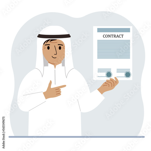 A man holds in his hands a finished sample of a contract with seals.