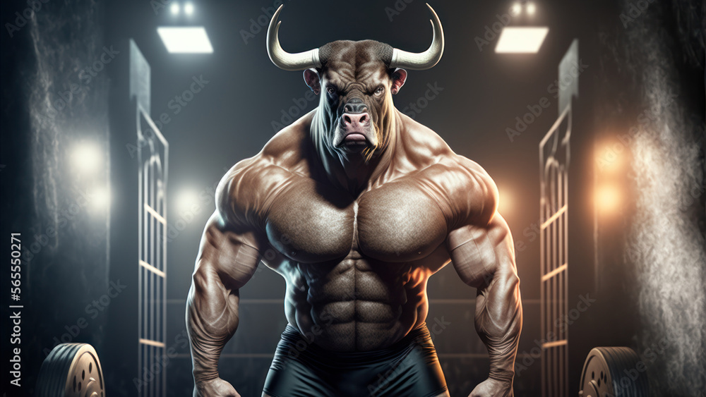 Portrait of a strong male bull in a gym. Bodybuilding concept, generative ai