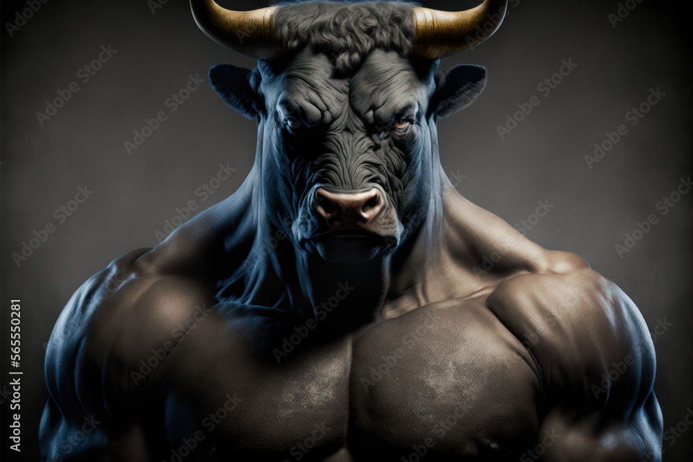 Portrait of a strong male bull in a gym. Bodybuilding concept, generative ai Portrait of a strong male bull in a gym. Bodybuilding concept, generative ai