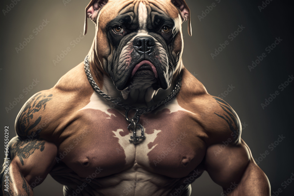 Portrait of a strong male dog in a gym. Bodybuilding concept, generative ai