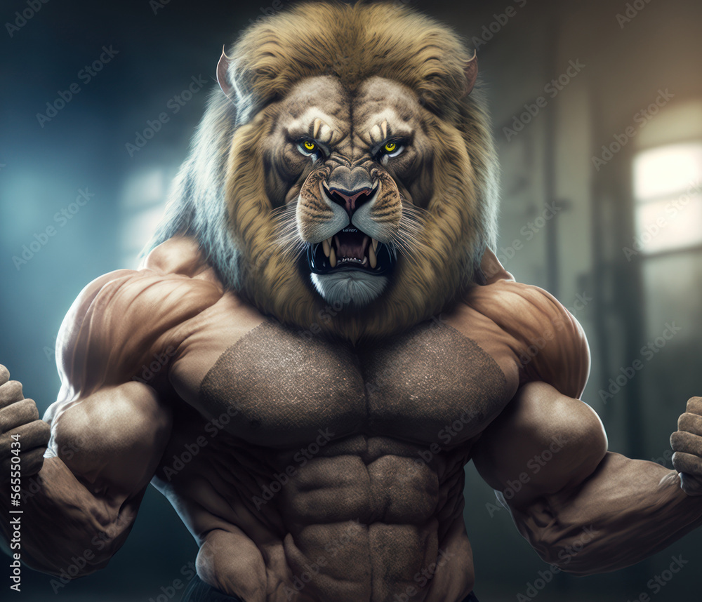 Portrait of a strong male lion in a gym. Bodybuilding concept, generative ai