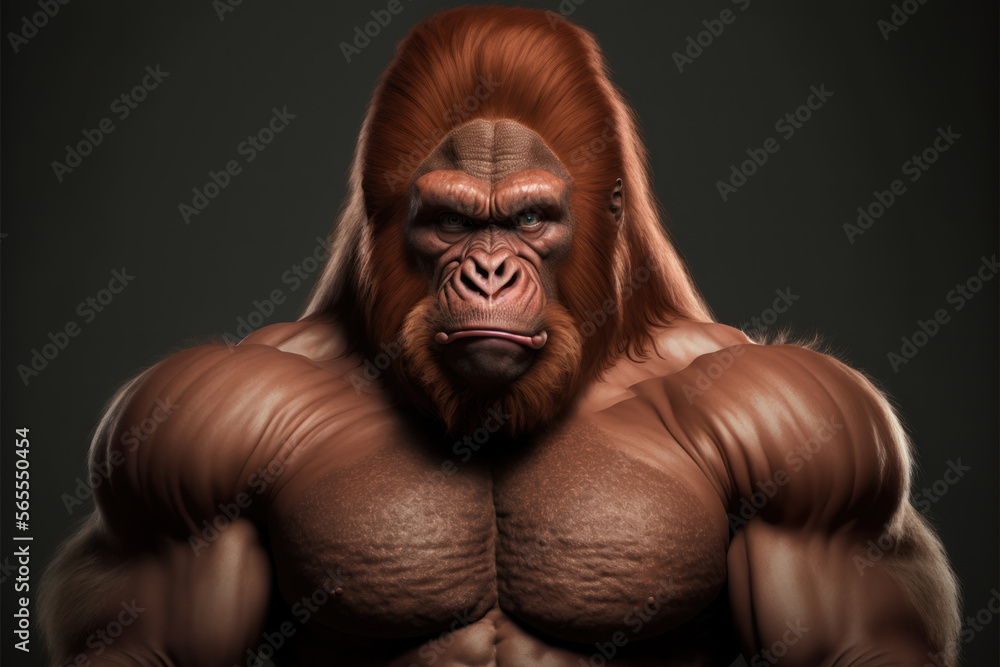 Portrait of a strong male Orangutan in a gym. Bodybuilding concept, generative ai Portrait of a strong male Orangutan in a gym. Bodybuilding concept, generative ai