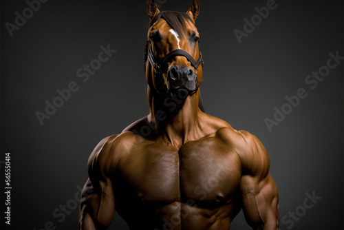 Portrait of a strong male horse in a gym. Bodybuilding concept, generative ai
