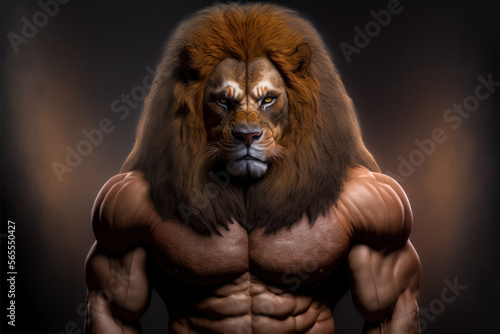 Portrait of a strong male lion in a gym. Bodybuilding concept, generative ai