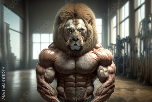 Portrait of a strong male lion in a gym. Bodybuilding concept, generative ai