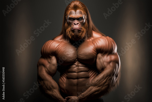 Portrait of a strong male Orangutan in a gym. Bodybuilding concept, generative ai