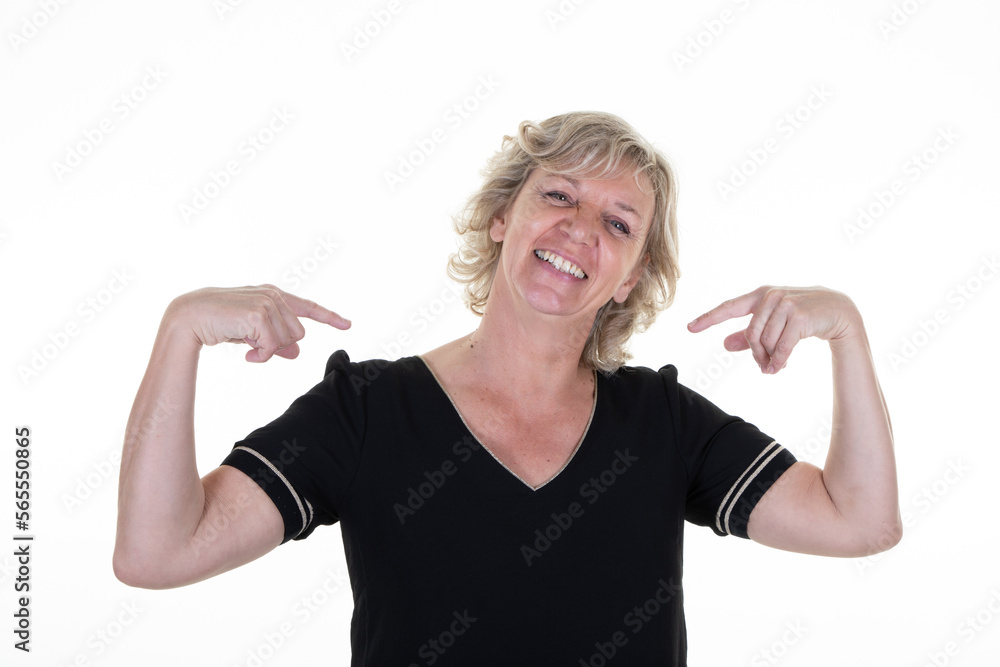 senior woman blonde proud positive pointing to chest with finger hands on white background senior woman blonde proud positive pointing to chest with finger hands on white background