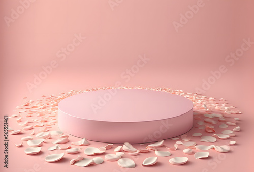 Pink pastel pedestal display with flower pedals, round empty podium with pink background, 3d illustration template for mockup, valentines day
