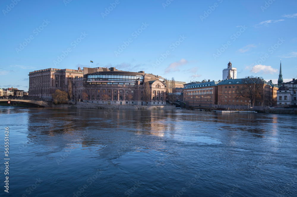 The Swedish Parliament house and the churches and castle in the old town Gamla Stan a winter day in Stockholm