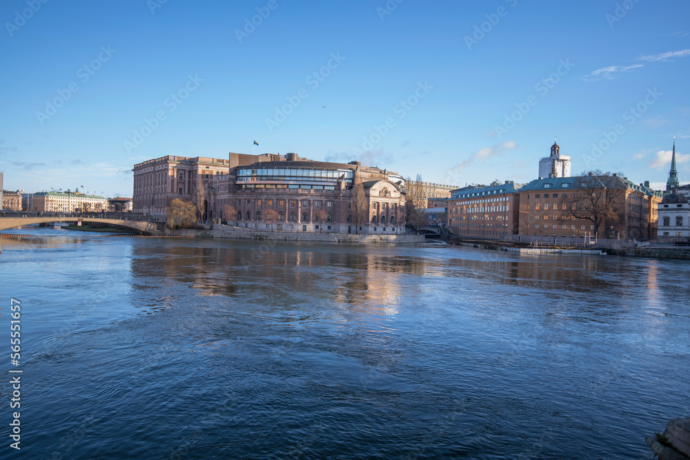 Obraz premium The Swedish Parliament house and the churches and castle in the old town Gamla Stan a winter day in Stockholm