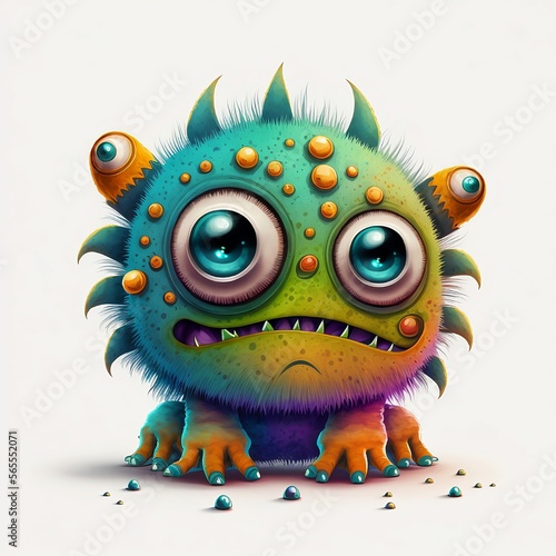 Cute monster with big eyes, six paws, in vibrant colors, digital art, sticker, white background with generative AI