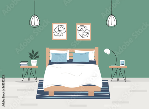Modern bed room with furniture. Bed, table, lamps, carpet. Vector illustration in flat style.