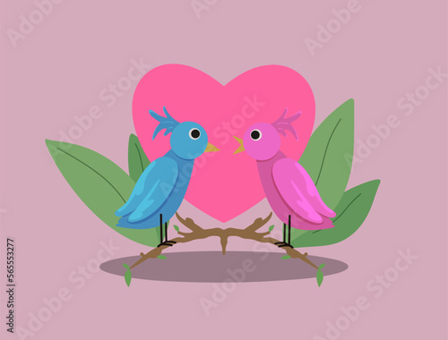 Two lovebirds staring at each other with a heart as a background