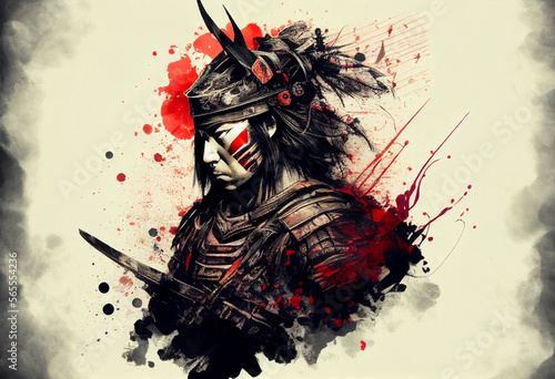 japanese samurai warrior kneeling with swords..