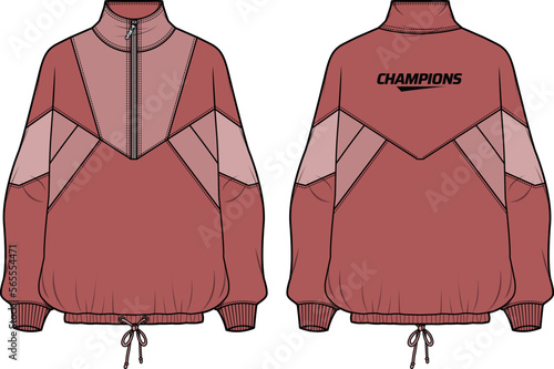 Women Long sleeve tracking jacket design flat sketch illustration, windbreaker jacket with front and back view, winter jacket for girl and women. for hiking, tracking and running in winter.