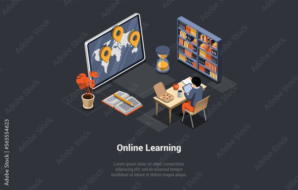 Concept Of Distance Online E-Learning. Student At Desk Has Exam Or Course At Home Or Office. Boy Has An Remote Course At Home. Learning Online In Calm Atmosphere. Isometric 3d Vector Illustration Concept Of Distance Online E-Learning. Student At Desk Has Exam Or Course At Home Or Office. Boy Has An Remote Course At Home. Learning Online In Calm Atmosphere. Isometric 3d Vector Illustration
