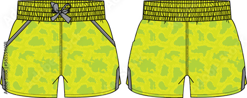 Running trail Shorts jersey design vector template, Short shorts concept with front and back view for Kick boxing, fight, wrestling, martial arts and tracking active wear shorts design.