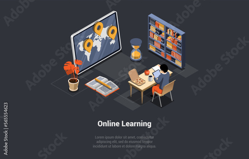 Concept Of Distance Online E-Learning. Student At Desk Has Exam Or Course At Home Or Office. Boy Has An Remote Course At Home. Learning Online In Calm Atmosphere. Isometric 3d Vector Illustration