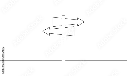 Continuous line drawing of road sign arrow. Arrows left and right. Design element, template. Object one line, single line art, vector illustration