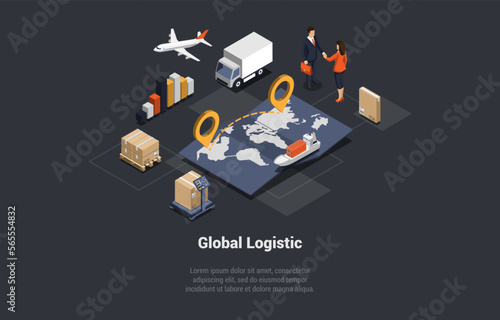 Global Logistics Business. Air, Cargo Land Transportation, Maritime Shipping, Maritime Shipping Delivery. World Global Business, Successful Deal With Business People. Isometric 3d Vector Illustration