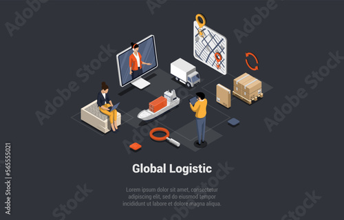 World Global Logistics Business. Air, Cargo Land Transportation, Maritime Shipping, Maritime Shipping Courier Delivery. Full Customer Service During Delivery Process. Isometric 3d Vector Illustration