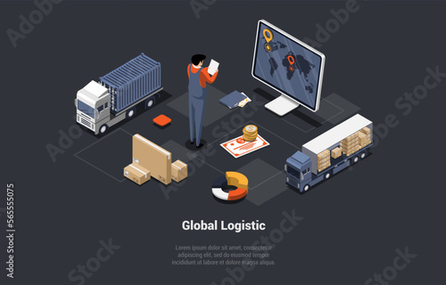 Global Logistics Business. Cargo Land Transportation, Courier Delivery. Delivery Truck With Cardboard Boxes. Employee Controls Loading Delivery Process At Terminal. Isometric 3d Vector Illustration