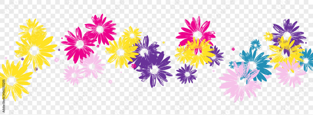 Purple Flower Background Transparent Vector. Daisy Flowering Period Texture. Green Petal Floral. Scribble Backdrop. Repeat Blue Garden.