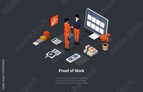 Blockchain Technology Proof Of Work. PoW Systems Offer Shortcut Computations That Allow Participants Who Know Secret, Man And Woman Have Made Successful Deal. Isometric 3d Cartoon Vector Illustration