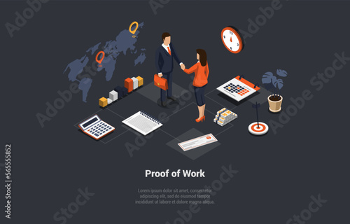 Blockchain Technology Proof Of Work. PoW Systems Offer Shortcut Computations That Allow Participants Who Know a Secret, Characters Have Made Successful Deal. Isometric 3d Cartoon Vector Illustration