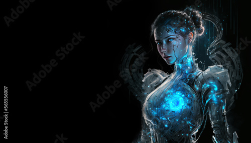 Cyborg robot android girl with blue eyes in an empty background created with Generative AI technology