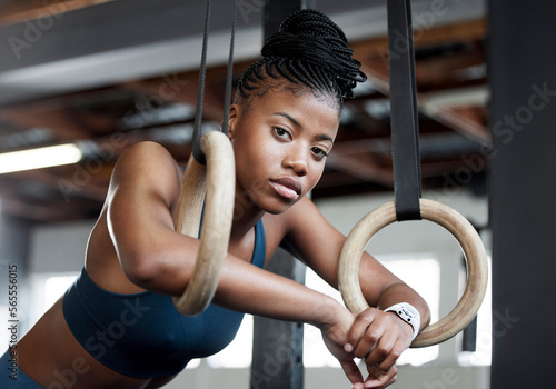 Schilderij op canvas Break, gymnastics and portrait of a black woman with rings for training, muscle and arms at gym