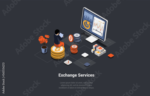 Blockchain Technology, Bitcoin, Altcoins And Cryptocurrency Investment. Character Is Using Platform For Exchange Crypto At Services With Mobile Application. Isometric 3d Cartoon Vector Illustration