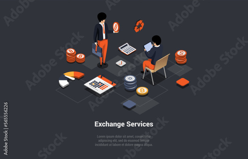 Blockchain Technology, Bitcoin, Altcoins And Cryptocurrency Investment. People Are Using Platform For Exchange Crypto At Services With Mobile Application. Isometric 3d Cartoon Vector Illustration
