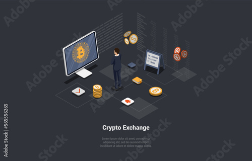Blockchain Technology, Bitcoin, Altcoins, Buy And Sell Cryptocurrency. Character Buy And Sell Crypto On Stock Market Exchange Services With Convenient Application. Isometric 3d Vector Illustration