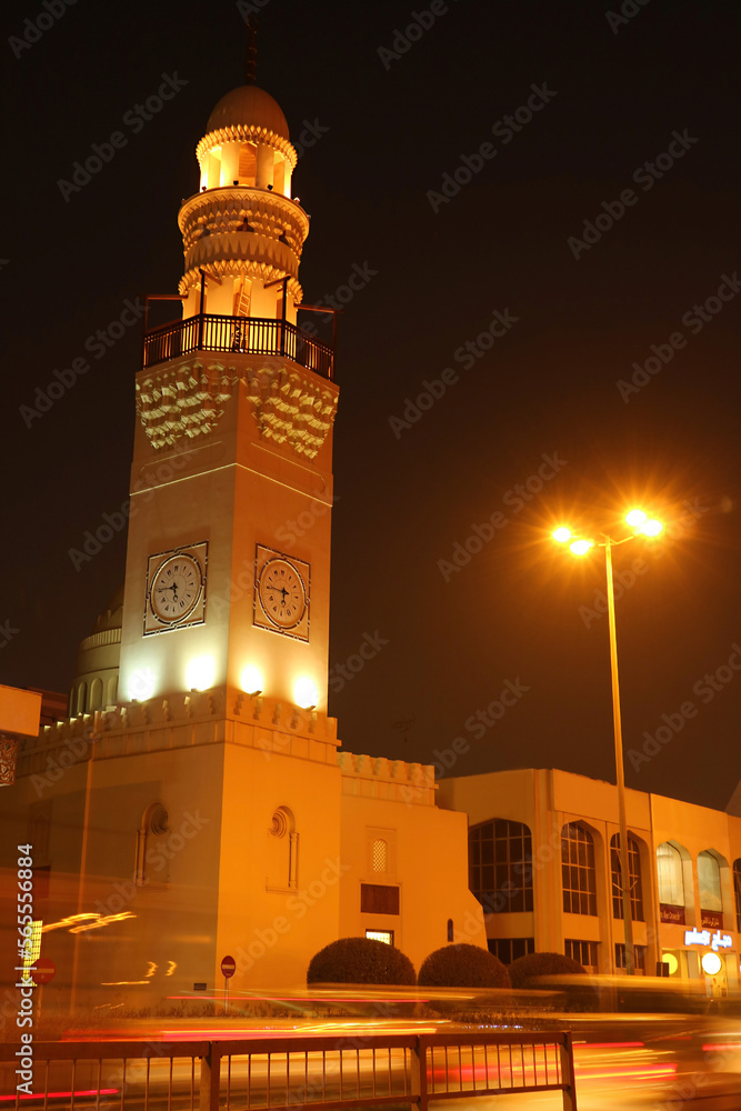 Stunning Minaret of The Yateem Mosque at Night, Downtown Manama, Bahrain