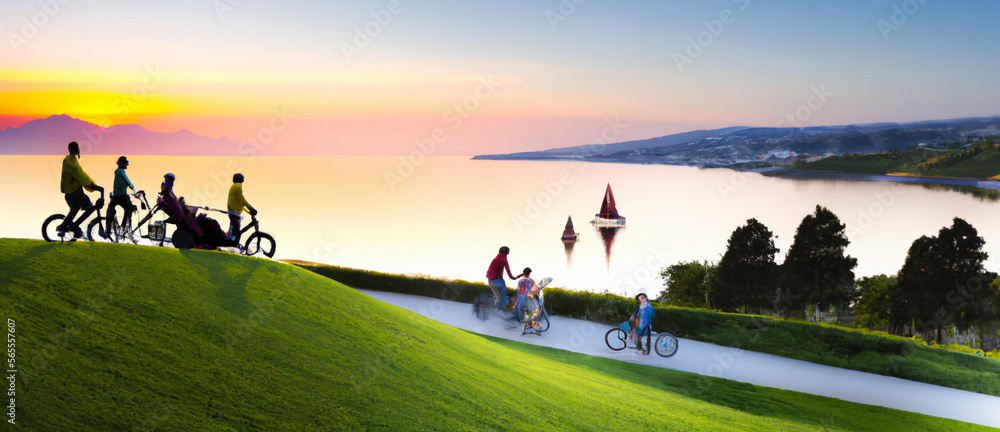 Panoramasicht auf  der Fahrradtour zum See.  Generiert durch AI
