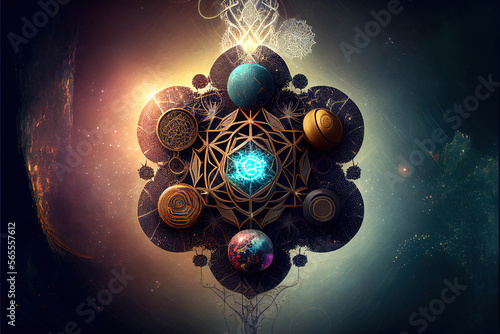 a futuristic multi dimensional psychedelic 3d illustration of a mandela with cosmic energy and sacred geometry, ai generated