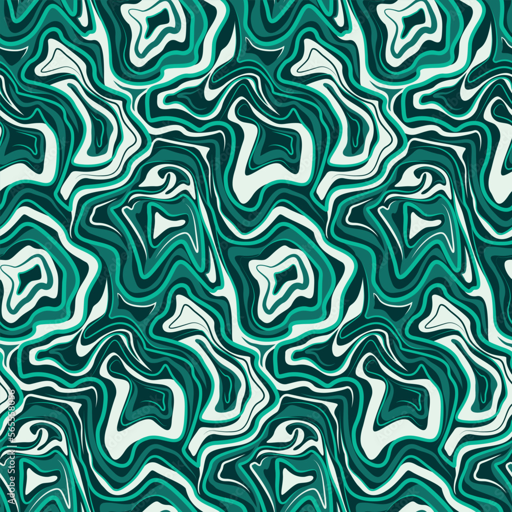 Seamless pattern with paint washes in green colors. Abstract surface design with stains and streaks of paint on water. Surreal background texture in trendy retro style. Vector illustration.