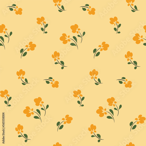 Seamless floral pattern with small hand drawn flowers in folk style. Simple ditsy print, cute botanical design: tiny yellow flowers in a liberty arrangement on a light background. Vector illustration.